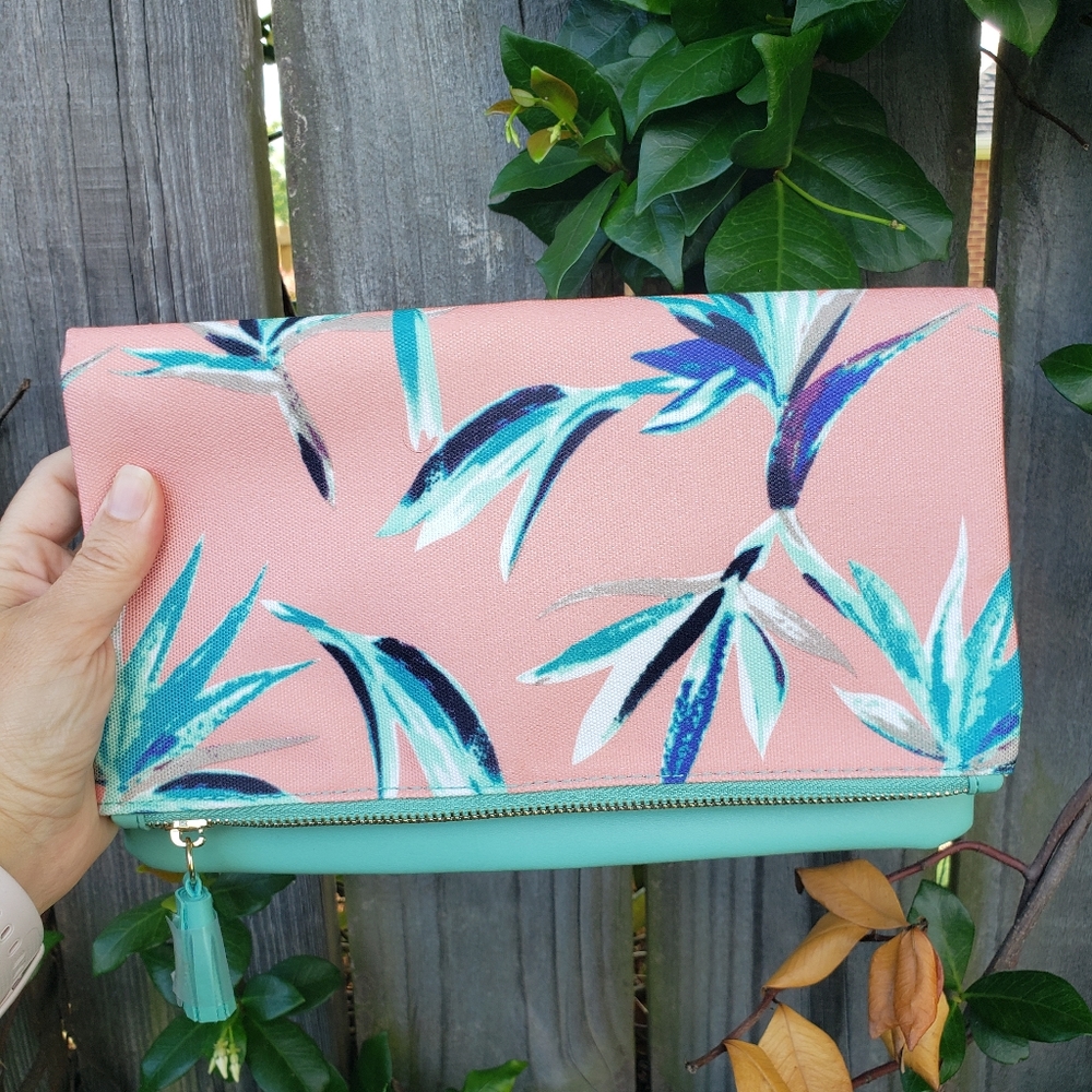 Rachel Pally reversible clutch teal beach palm